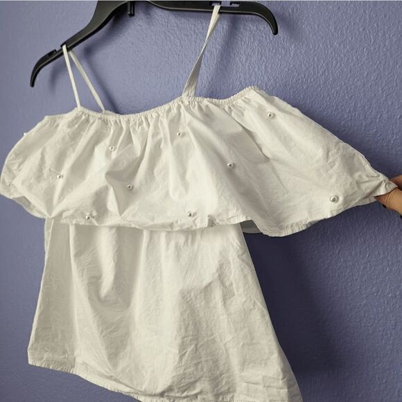 Women's After Market Blouse White Off the Shoulder Pearl Beaded Medium Cotton - Picture 3 of 6